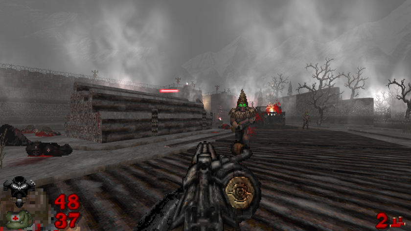 The player assaults a fortification in the Doom 2 mod Butcher's Summit, moving through a foggy landscape dotted by gnarled trees while being attacked by green-eyed, pointed hood-wearing cultists.