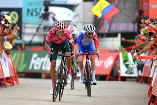 MONASTERIO DE TENTUDA SPAIN SEPTEMBER 07 Rigoberto Uran Uran of Colombia and Team EF Education Easypost sprint at finish line to win the 77th Tour of Spain 2022 Stage 17 a 1624km stage from Aracena to Monasterio de Tentuda 1095m LaVuelta22 WorldTour on September 07 2022 in Monasterio de Tentuda Spain Photo by Tim de WaeleGetty Images