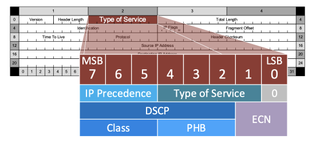 The IP header has an 8 bit field called Type of Service in IPv4 and Traffic Class in IPv6 for QoS Values. This field is used by several types of QoS including Differentiated Services Code Point (DSCP), IP Precedence (IPP), Type of Service (TOS), and Explicit Congestion Notification (ECN). There is no indication within the field to indicate the type of marking, so each device using this field must be configured to interpret it correctly.