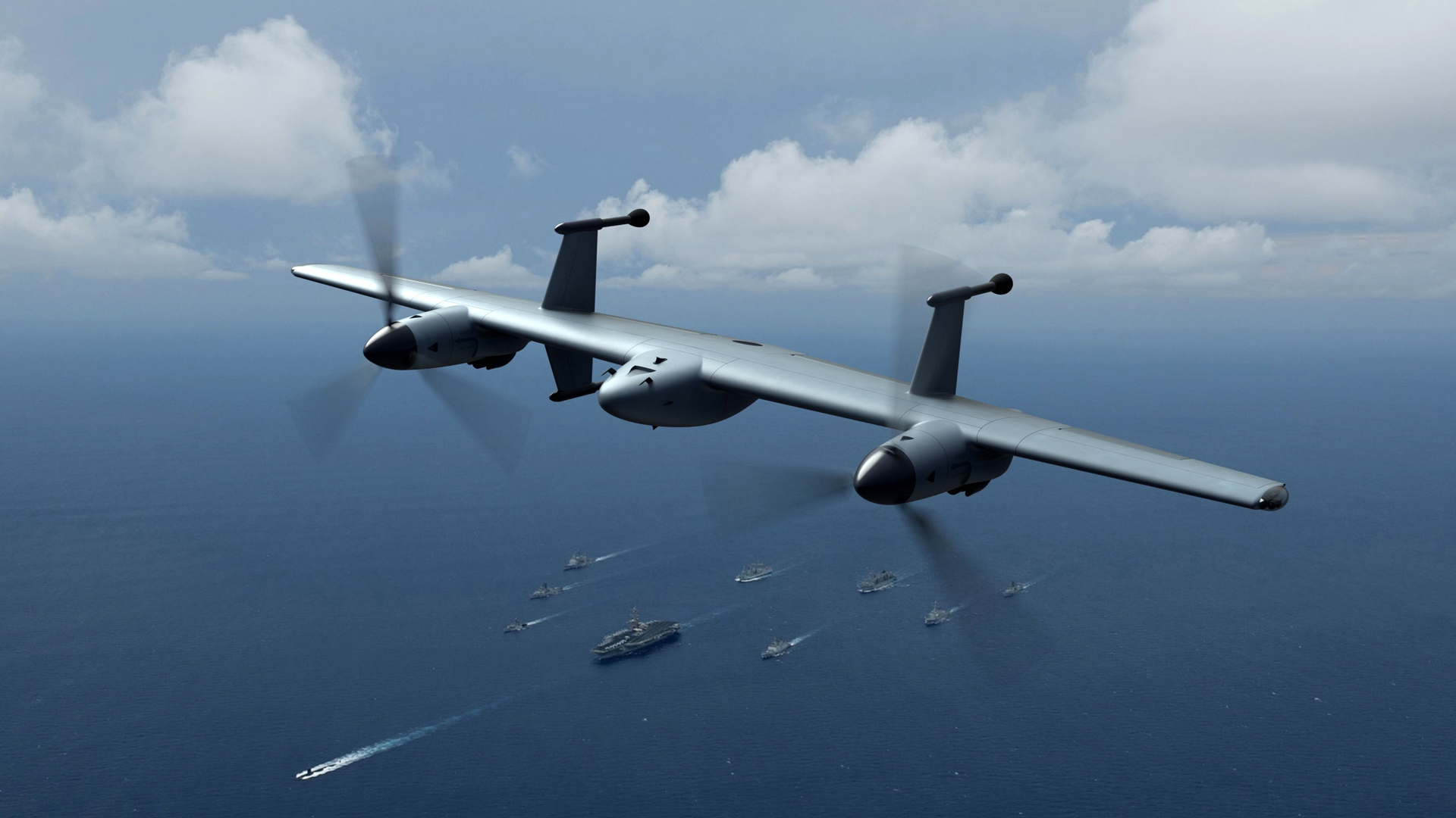 Artist illustration of unmanned aircraft in flight mid-air above open ocean