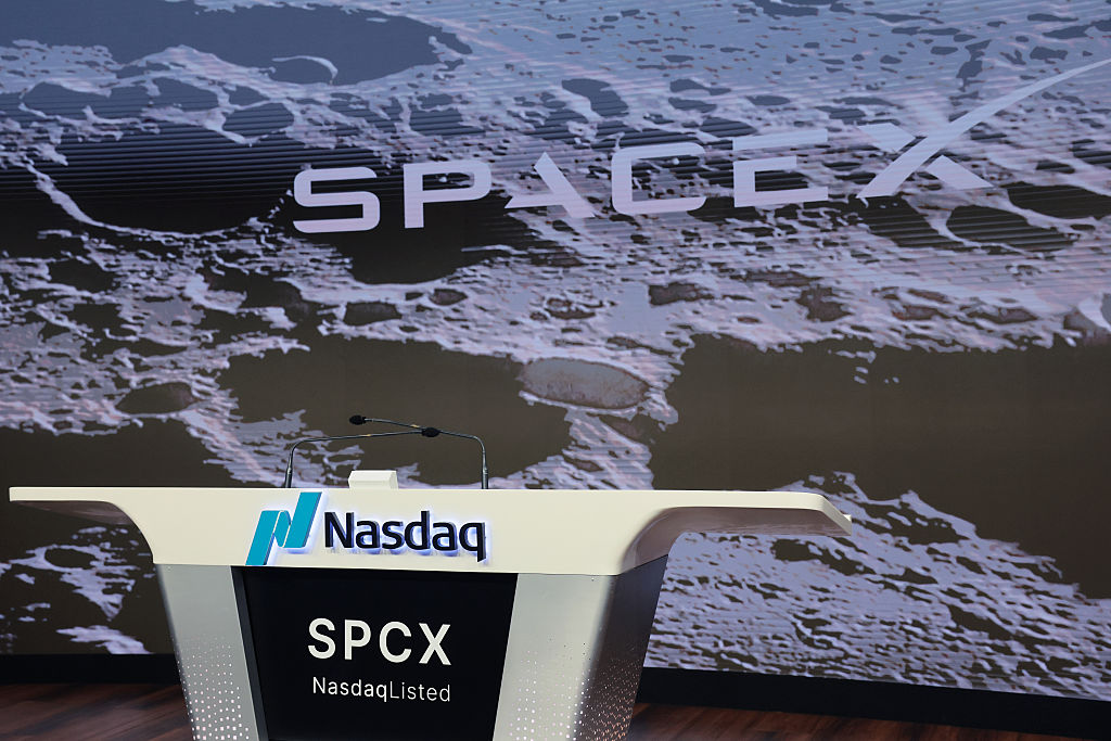 SpaceX company logo displayed at the Nasdaq in New York
