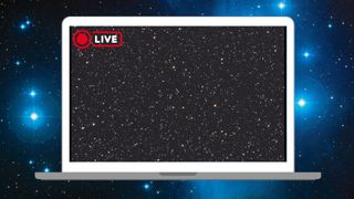A laptop floats against a deep space scene dominated by blue-white stars.