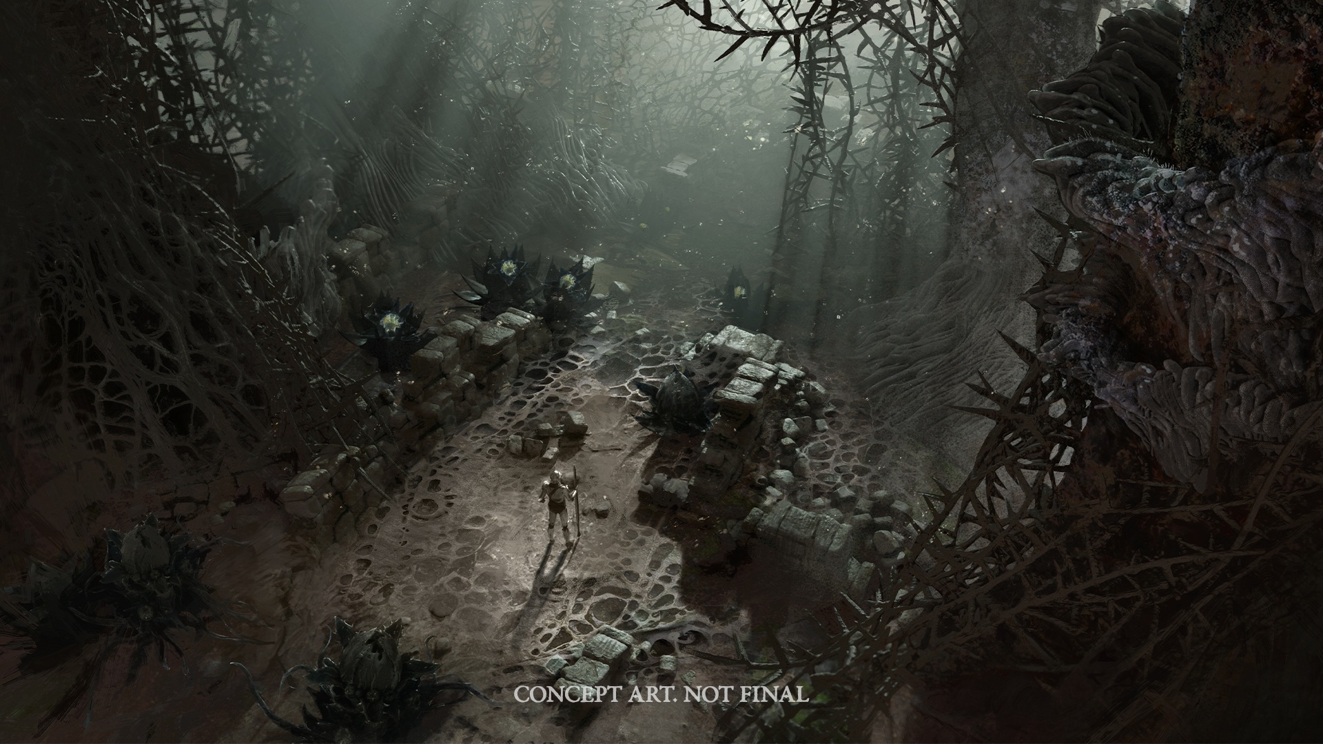 Diablo 5 concept art showing a character walking through a dark, post-apocalyptic setting with thorns jutting from ruinous walls