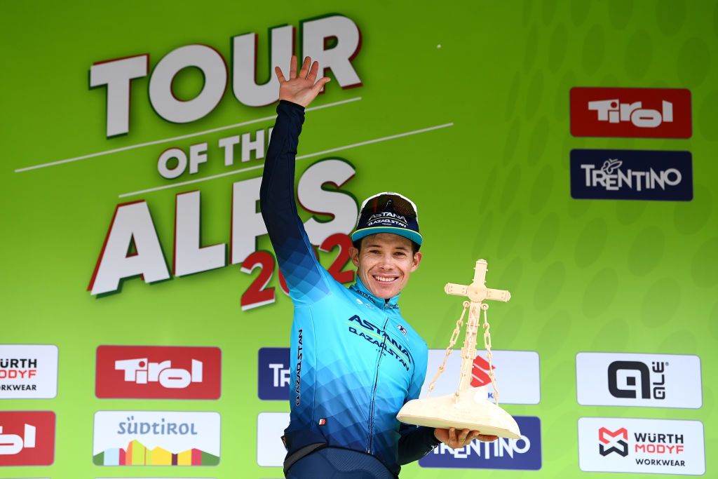 LIENZ AUSTRIA APRIL 21 Miguel ngel Lpez Moreno of Colombia and Team Astana Qazaqstan celebrates winning the stage four on the podium ceremony after the 45th Tour of the Alps 2022 Stage 4 a 1424km stage from Villabassa to Kals am Grossglockner 1336m TouroftheAlps on April 21 2022 in Lienz Austria Photo by Tim de WaeleGetty Images