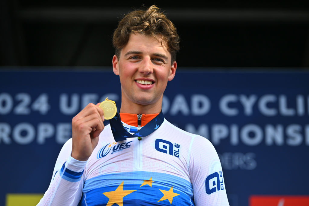 HASSELT BELGIUM SEPTEMBER 13 Gold medalist Huub Artz of Team Netherlands celebrates winning during the medal ceremony after the 30th UEC Road Cycling European Championships 2024 Mens U23 Road Race a 162km one day race from HeusdenZolder to Hasselt UCIWT on September 13 2024 in Hasselt Belgium Photo by Luc ClaessenGetty Images