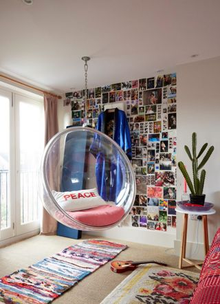 Hanging bubble chair in a teenage girl's bedroom