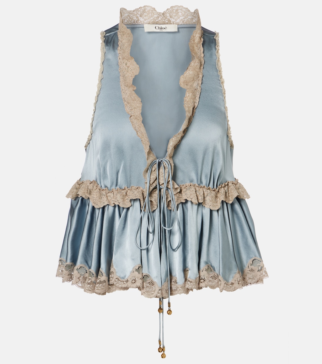 Lace-Trimmed Silk Satin Top in Blue - Chloe