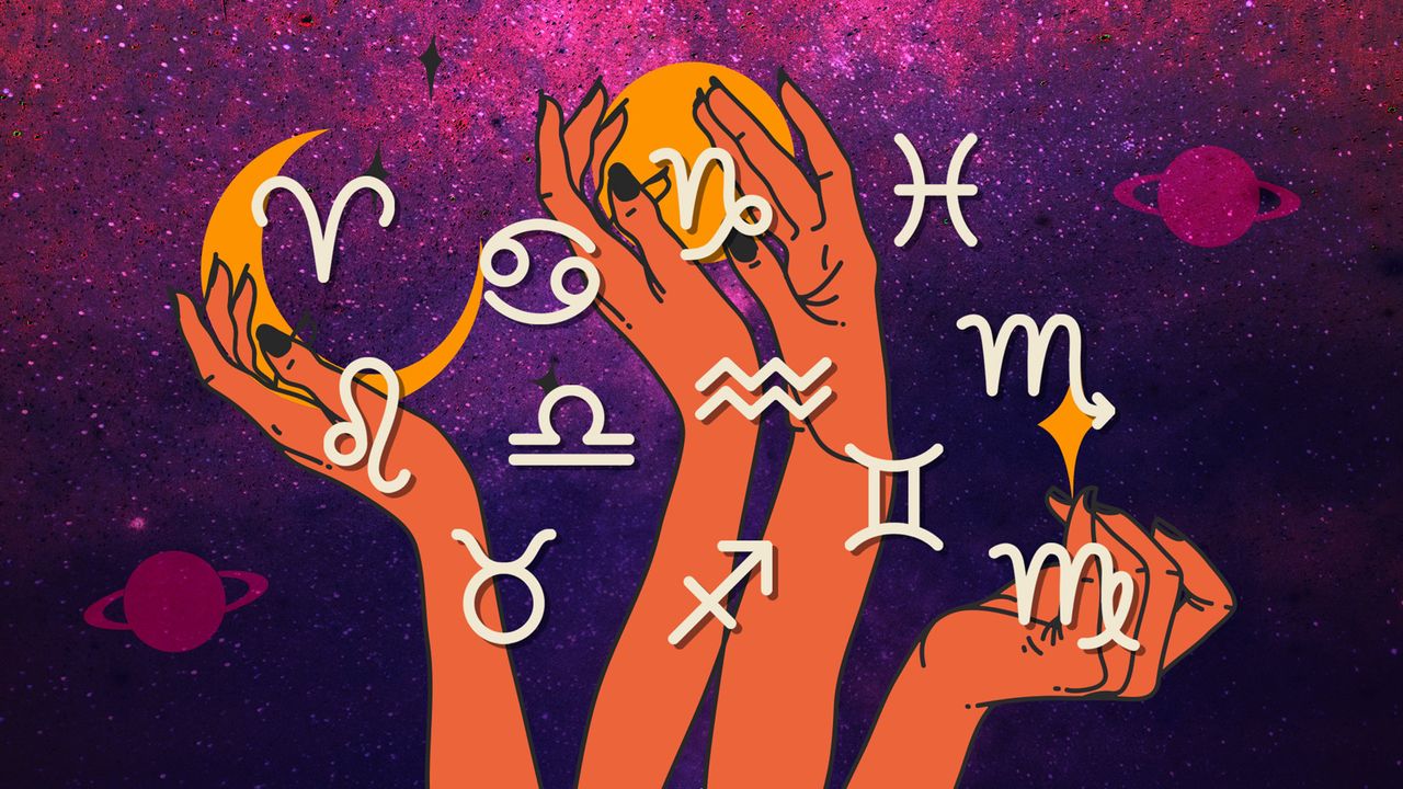 Star sign symbols and astrology symbols are pictured on a colorful graphic background with moons and crystals