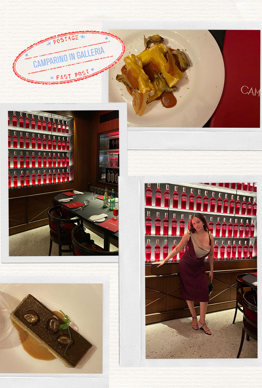 a collage of images of the popular Italian restaurant Camparino in Galleria with photos of pasta, tiramisu, and an editor wearing a red suede dress with wedges