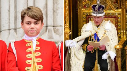 Prince George was the only one of King Charles's Pages not to attend this occasion. Seen here are Prince George at the coronation and King Charles at the State Opening of Parliament 2023