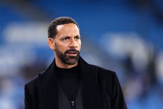 Rio Ferdinand, presenter for TNT Sports during the UEFA Champions League 2023/24 round of 16 second leg match between Manchester City and F.C. Copenhagen at Etihad Stadium on March 6, 2024 in Manchester, England. (Photo by Robbie Jay Barratt - AMA/Getty Images)