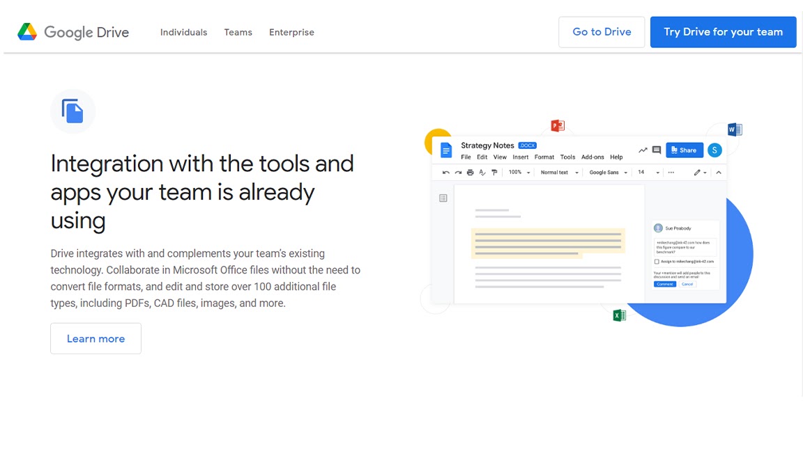 Google Drive's webpage discussing its third-party app integrations