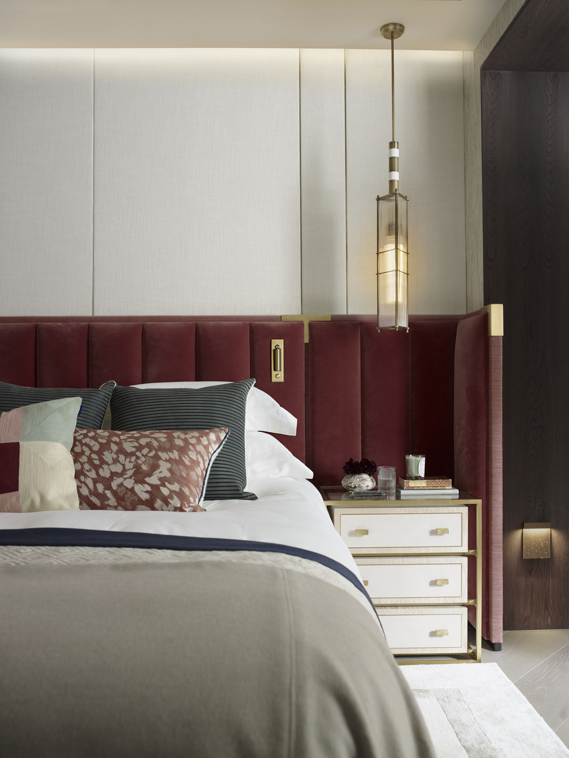 small apartment organization ideas hanging pendants in bedroom by Gunter & Co