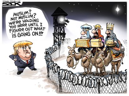 Political cartoon U.S. Donald Trump Muslim Christmas Three Kings