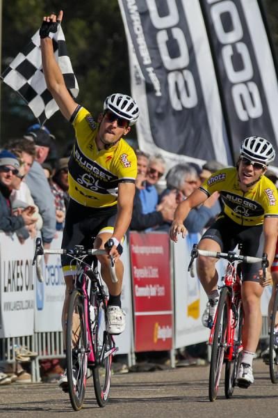 Luke Davison (Budget Forkllifts) wins Stage 9 of the Tour of Gippsland with Ryan MacAnally (right) in second place