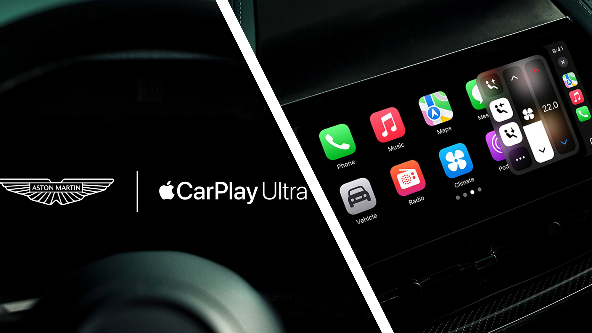 A steering wheel and interior of an Aston Martin car showing Apple CarPlay Ultra