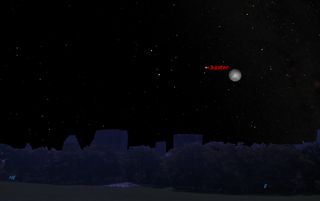 The bright planet Jupiter will shine near the moon on Dec. 18, 2013 and could dazzle skywatchers with clear night skies. This view shows how Jupiter and the moon will appear in the eastern night sky on Dec. 18 at 8 pm local time for observers in mid-north