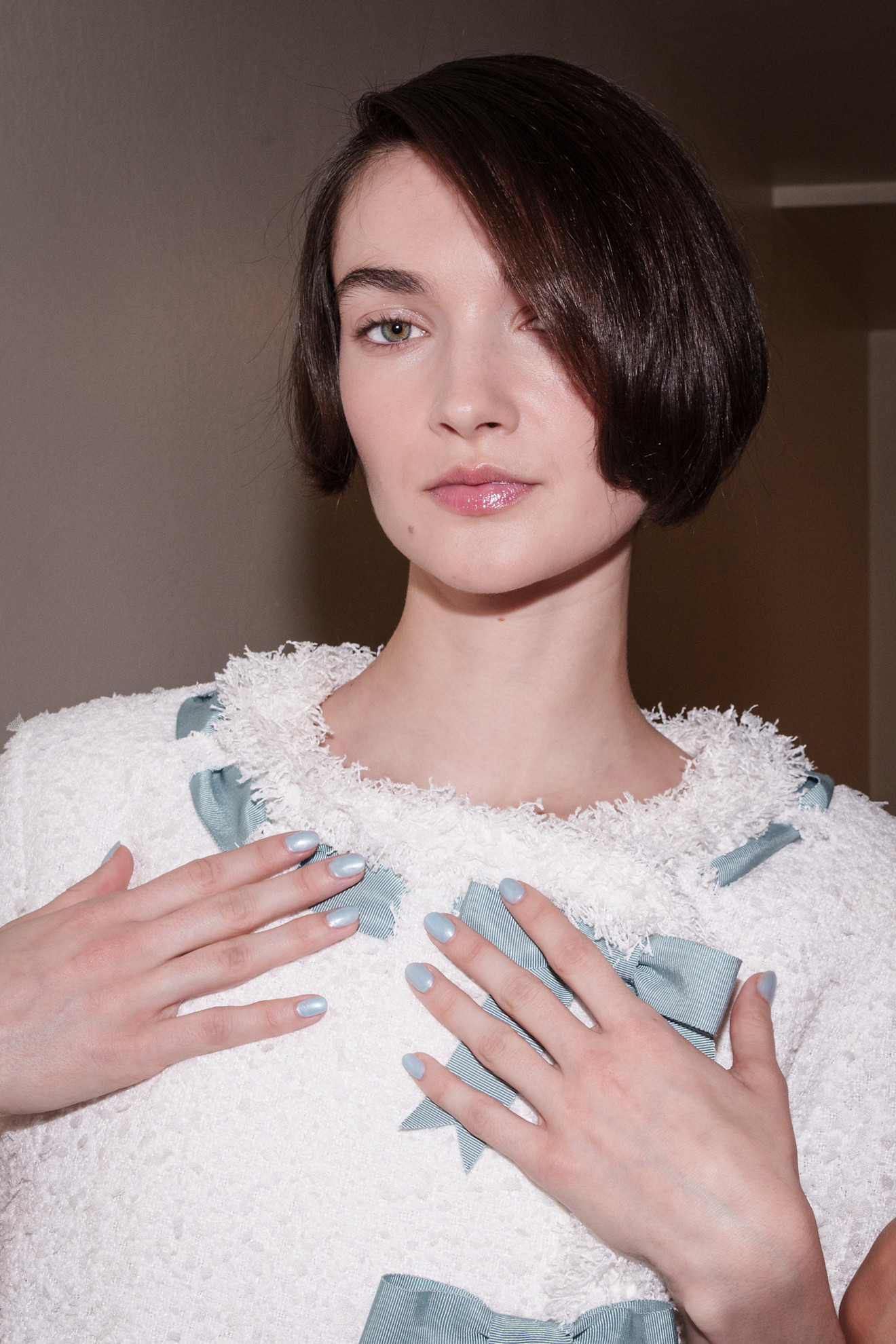 Icy blue nails at Sandy Liang fall/winter 2026 show.