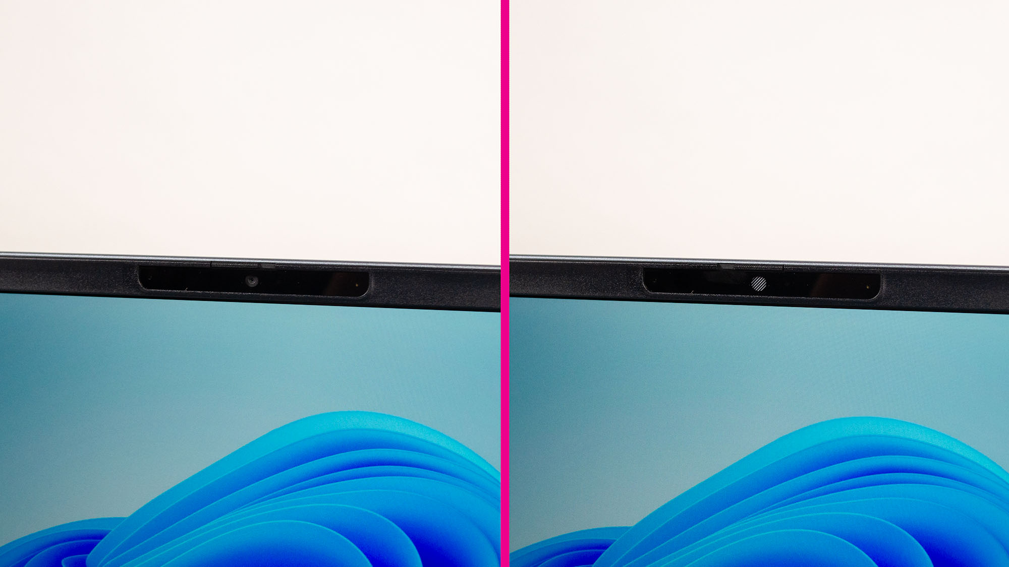 A side-by-side view of the Dell 16 Plus webcam with and without its privacy shutter set