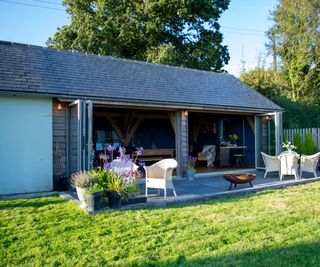 oak frame extension on garage being used as a studio