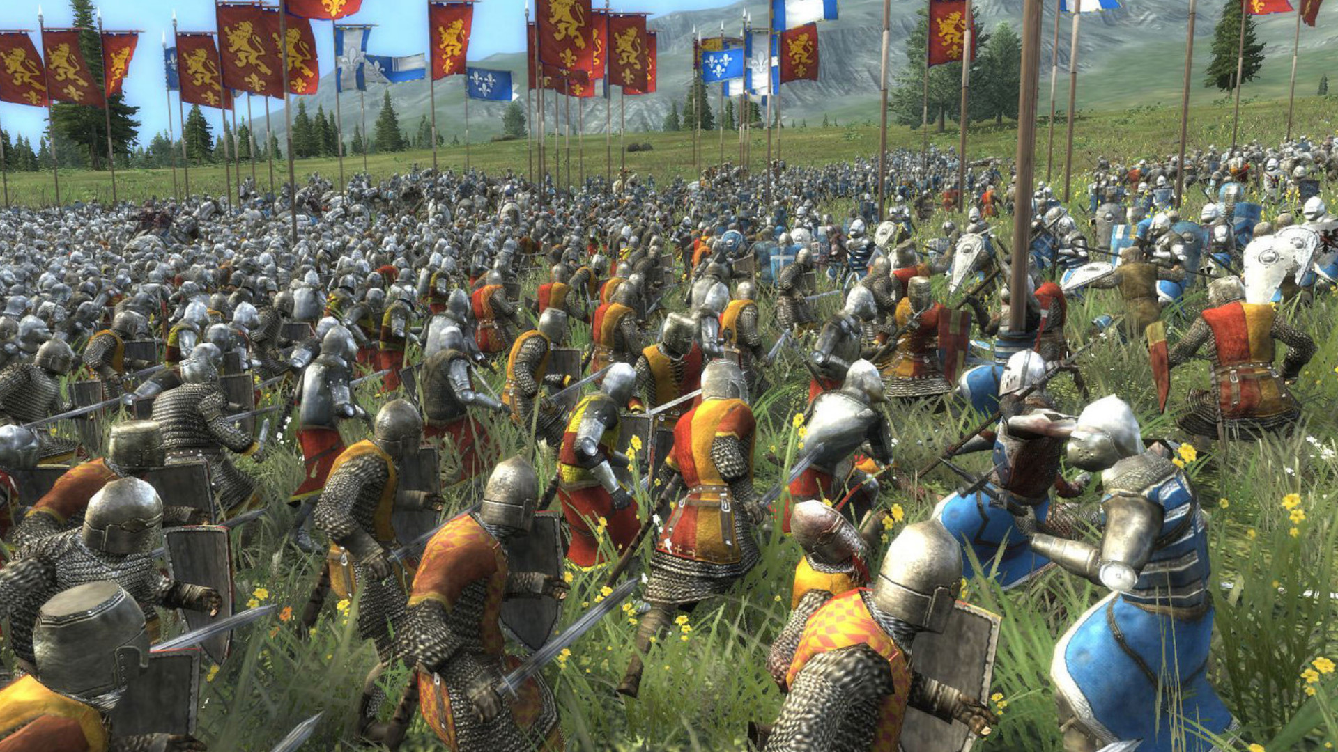 Two armies fighting in a field during one of the best Total War games, Total War: Medieval 2.