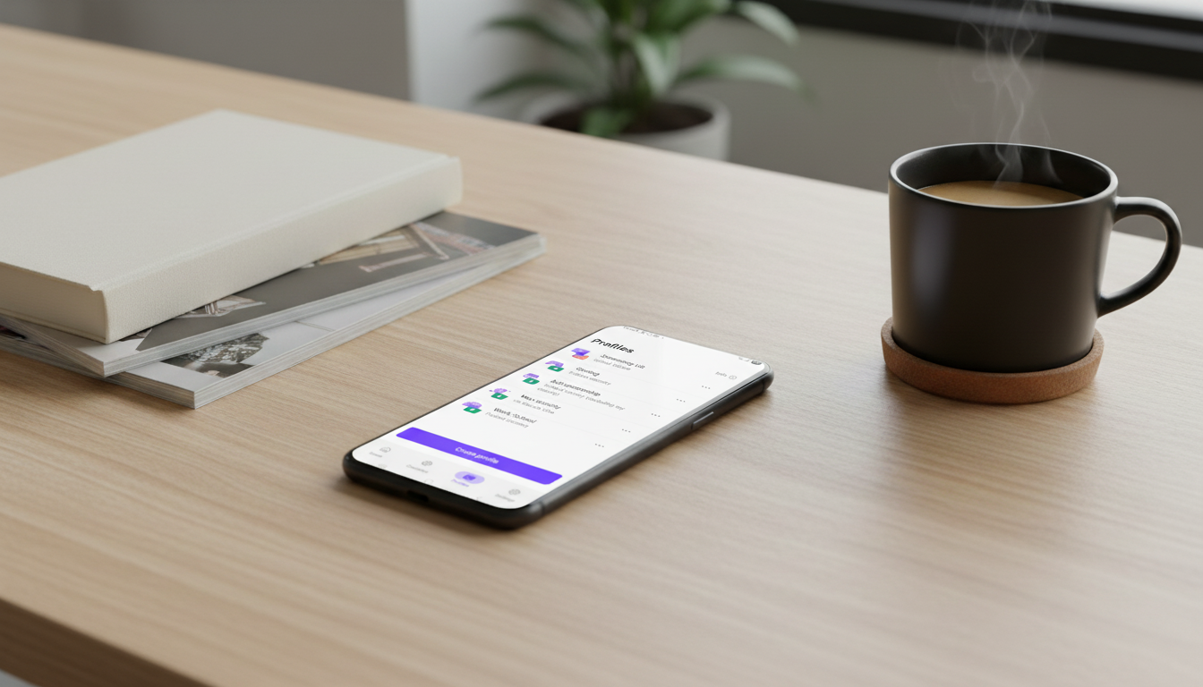 Image of Proton VPN Profiles on a mobile device on a desk
