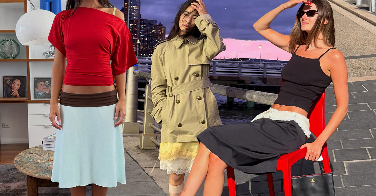 Collage of influencrs wearing two-toned midi skirts.