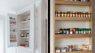 compilatuion image showing two pantry cupboards stocked with ingredients to demonstrate how to a capsule kitchen