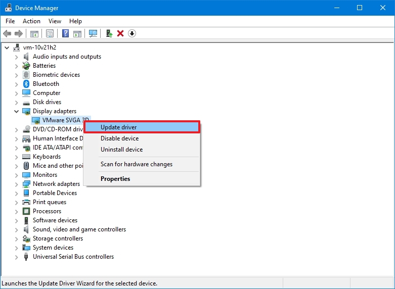 Device Manager update driver option