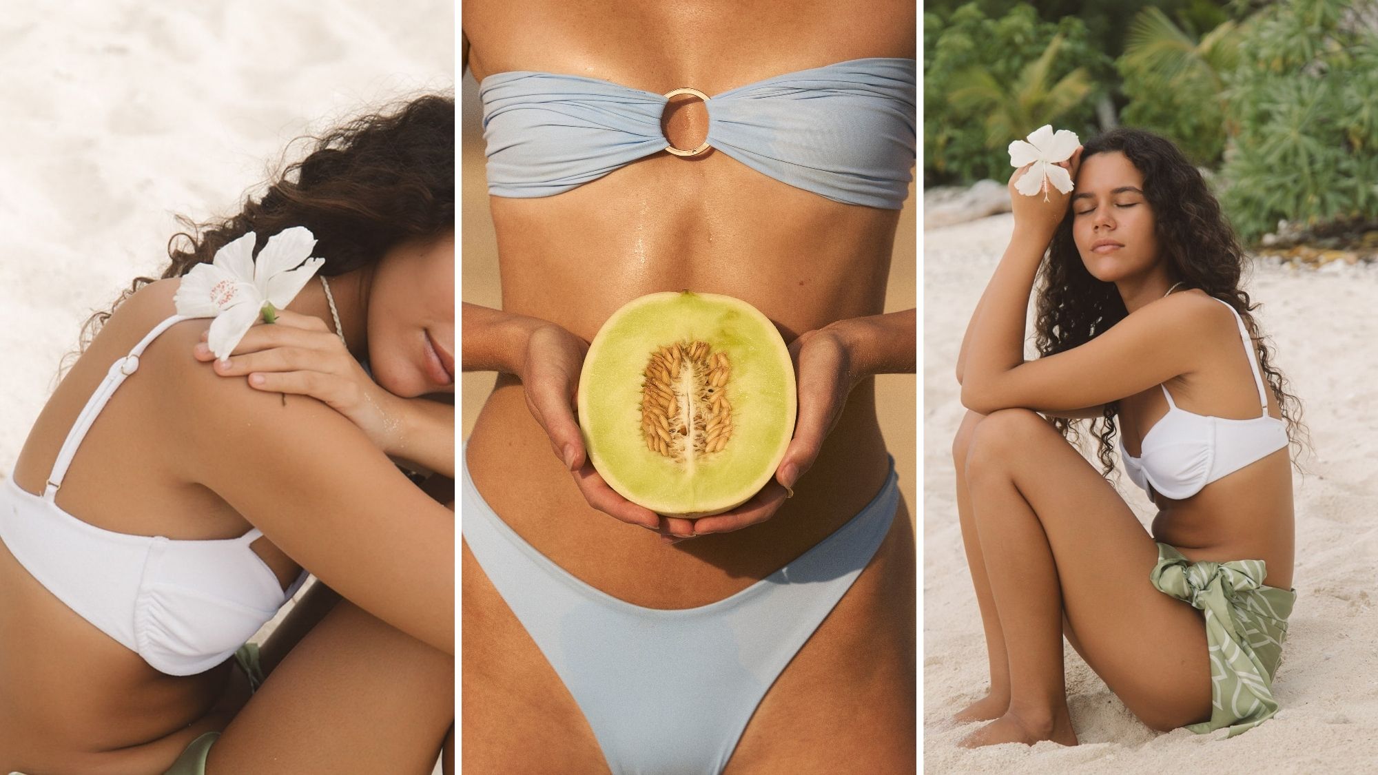 A woman on the beach, in a bikini, eating some fruit