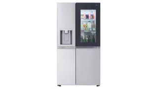 The LG refrigerator in silver with an InstaView door showing the inside of the fridge