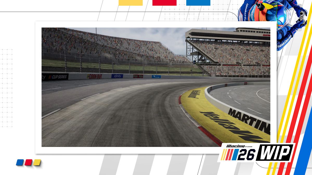 Screenshots of the new Dynamic Track feature in NASCAR 26 showing how the surface condition at Martinsville changes through the course of a race.