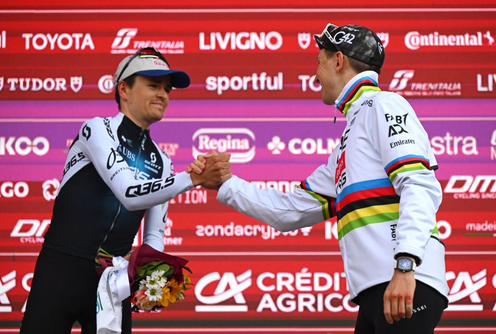 SIENA ITALY MARCH 08 LR Tom Pidcock of The United Kingdom and Q365 Pro Cycling Team on second place and race winner Tadej Pogacar of Slovenia and UAE Team EmiratesXRG pose on the podium ceremony after the 19th Strade Bianche 2025 Mens Elite a 213km one day race from Siena to Siena 320m UCIWT on March 08 2025 in Siena Italy Photo by Tim de WaeleGetty Images