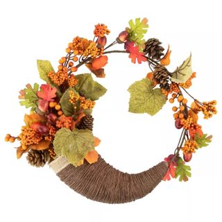 Northlight Brown and Orange Leaves and Berries Fall Harvest Wreath