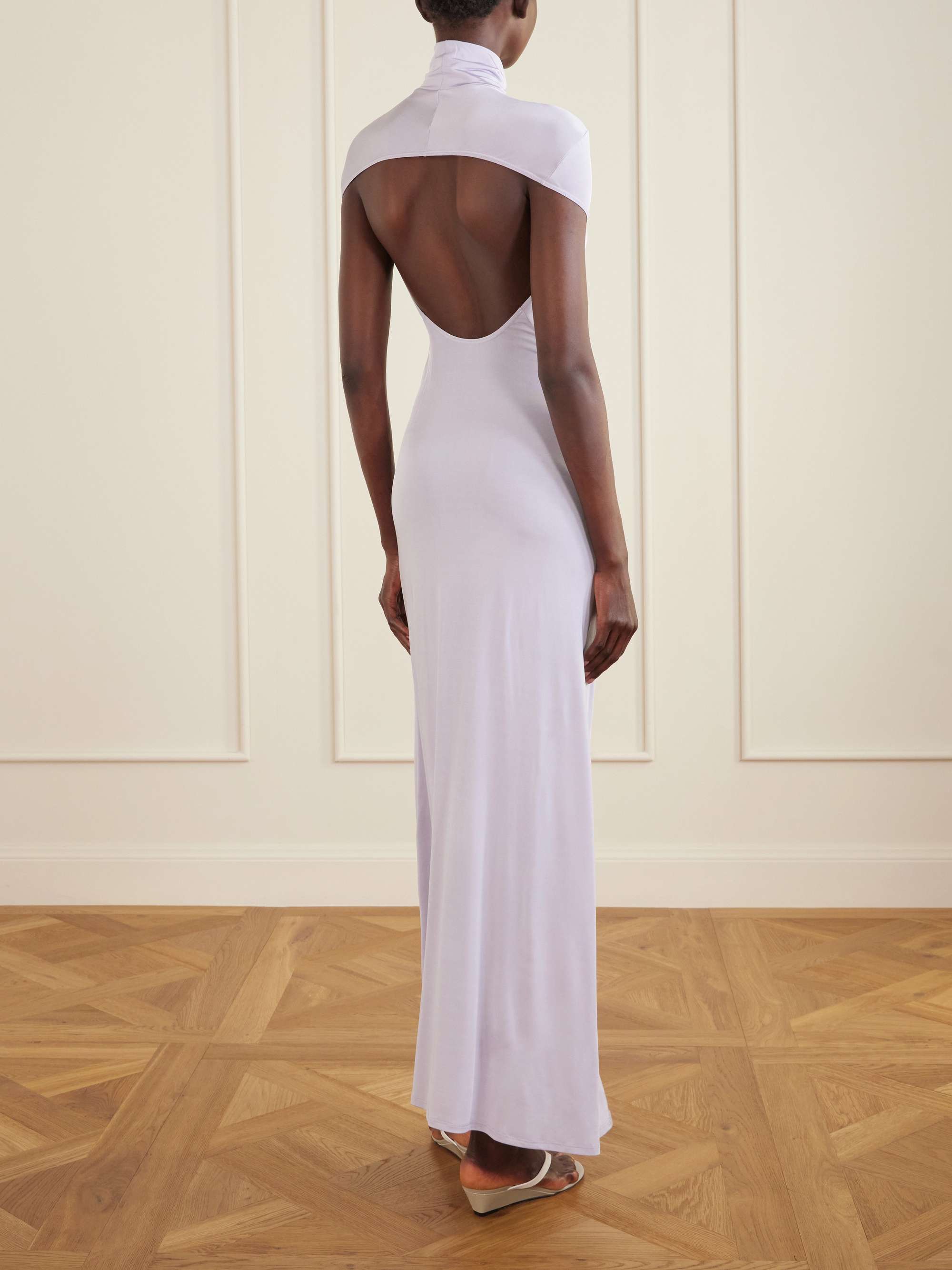 Open-Back Jersey Turtleneck Gown