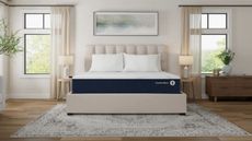 Sleep Number Comfort Next mattress on a white fluted bed frame with large windows either side in a white bedroom with light wood flooring and a patterned rug.