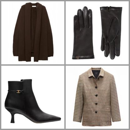 product collage of Coach Rebecca Booties, Leather Gloves Cp - Claudie Pierlot, Rag & Bone Drew Houndstooth Blazer, Mango Cape Scarf Buttons on white background with grey border 