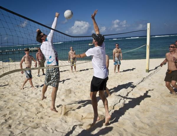 The Garmin-Cervelo riders relax with a game of volleyball
