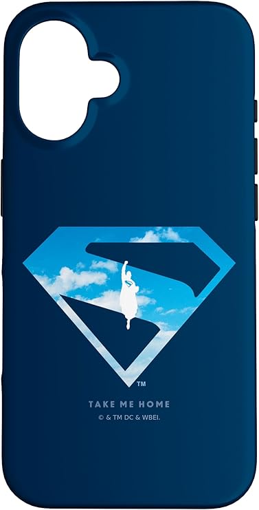 A dark blue iPhone case with a Superman logo in sky blue with the outline of Superman flying