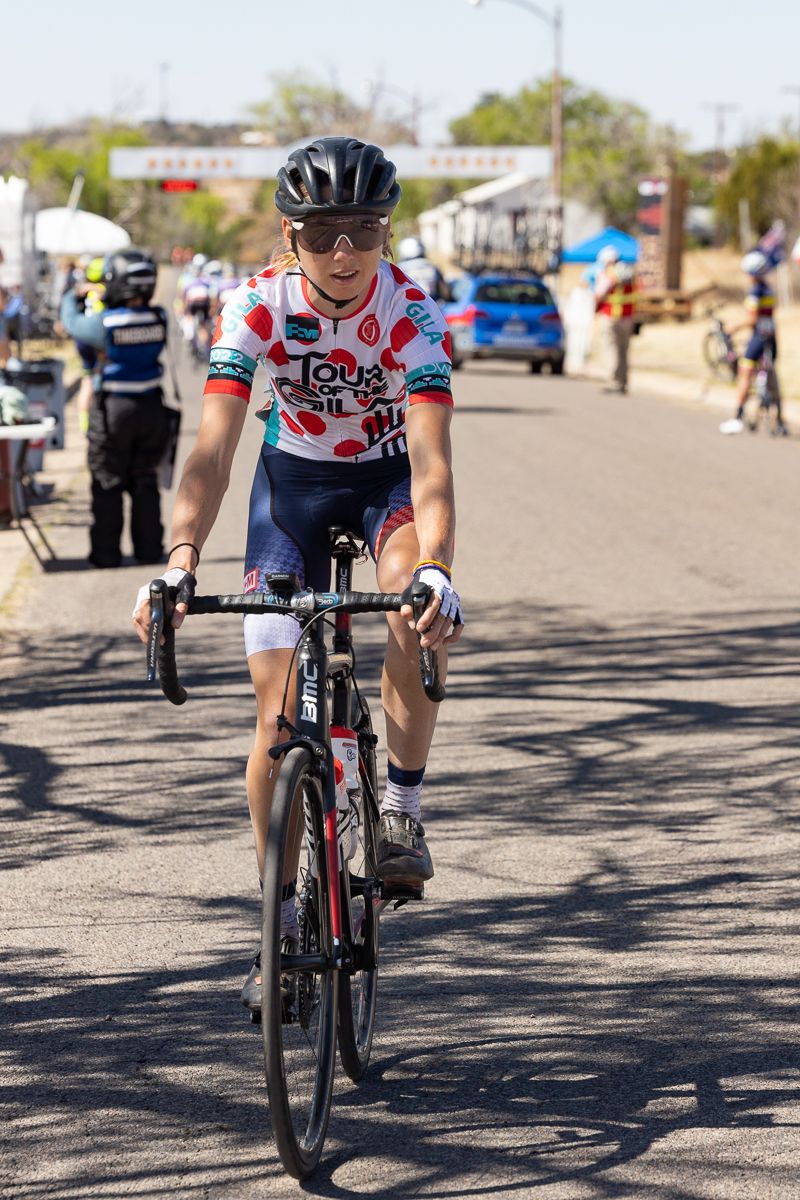Emily Marcolini (3T/Q+M) started stage 2 wearing the polka dot climbers jersey on behalf of race and QOM leader Krista Dobel-Hickok (EF Education Tibco SVB)