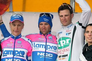 Mirco Lorenzetto (Lampre-NGC) tops the Giro di Sardegna stage one podium with Alessandro Petacchi (LPR Brakes-Farnese Vini), l-r.