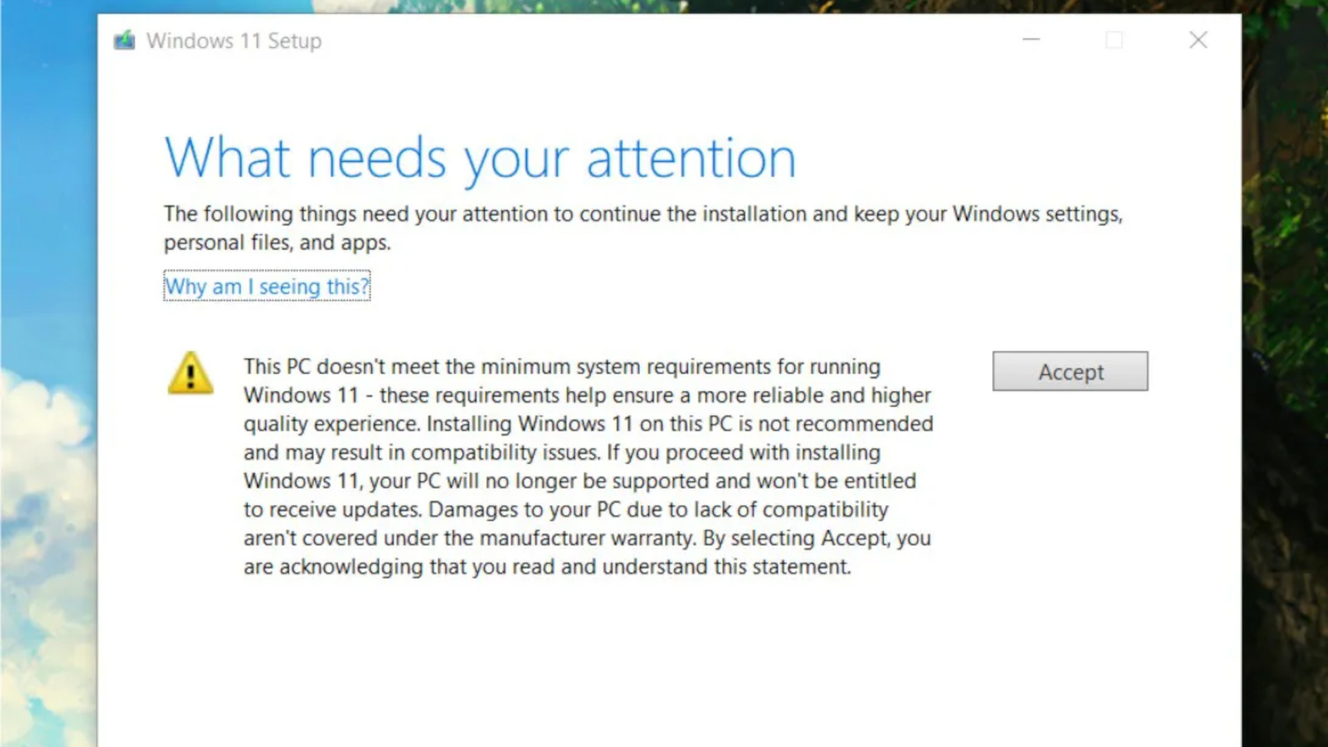 A pop up message asking Windows 11 users to sign a digital waiver to continue with installation