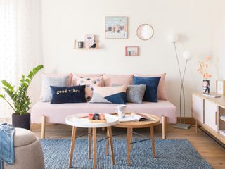 Maisons du monde pastel pink sofa in living room