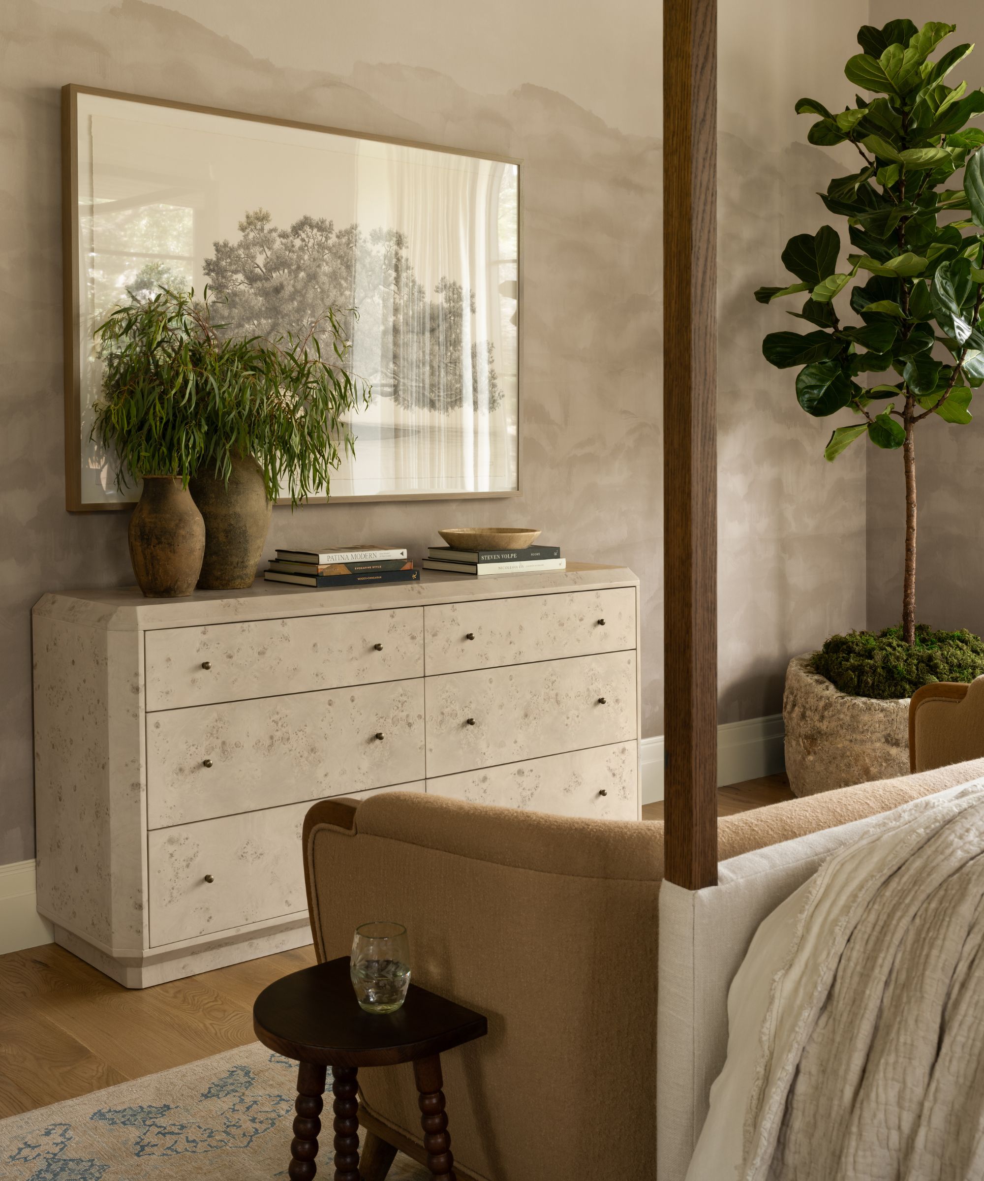 the serene modern rustic primary bedroom of Studio McGee's The Oaks house tour