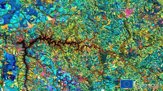 A false-color image of a drought-stricken area in southeastern Brazil captured by Europe's Sentinel-2 satellite.