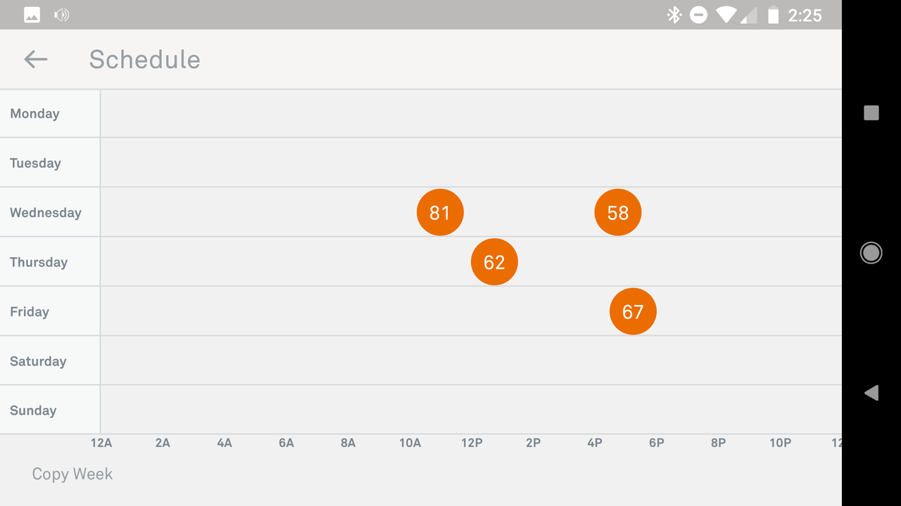Screenshot from the Google Nest app, showing scheduled temperatures throughout the week
