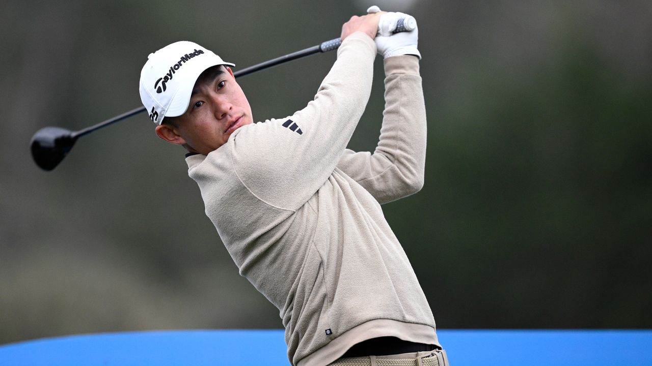 Collin Morikawa of the United States plays his shot from the third tee prior to the AT&amp;T Pebble Beach Pro-Am at Pebble Beach Golf Links 