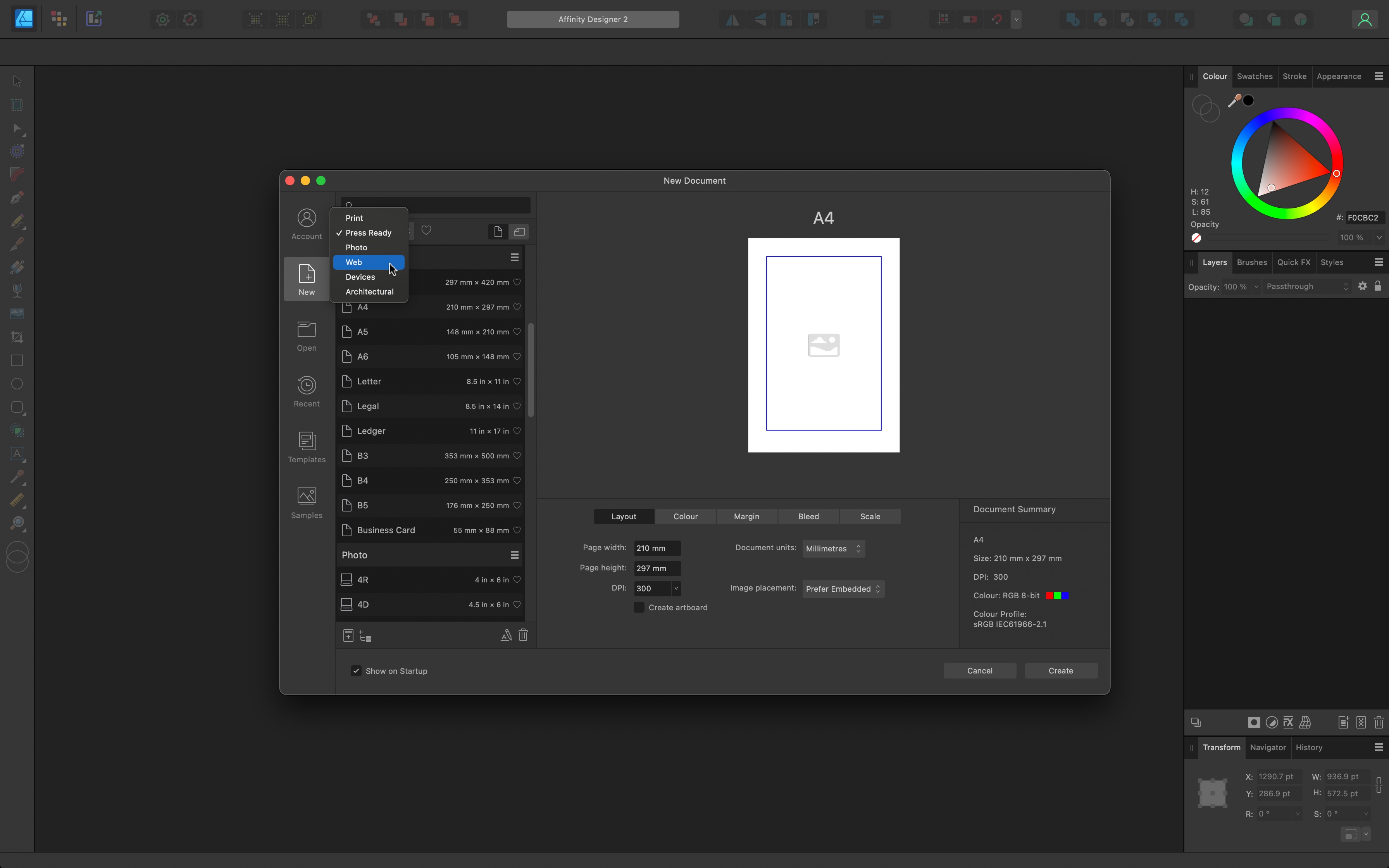 Captura de tela do software de design gráfico Affinity Designer 2