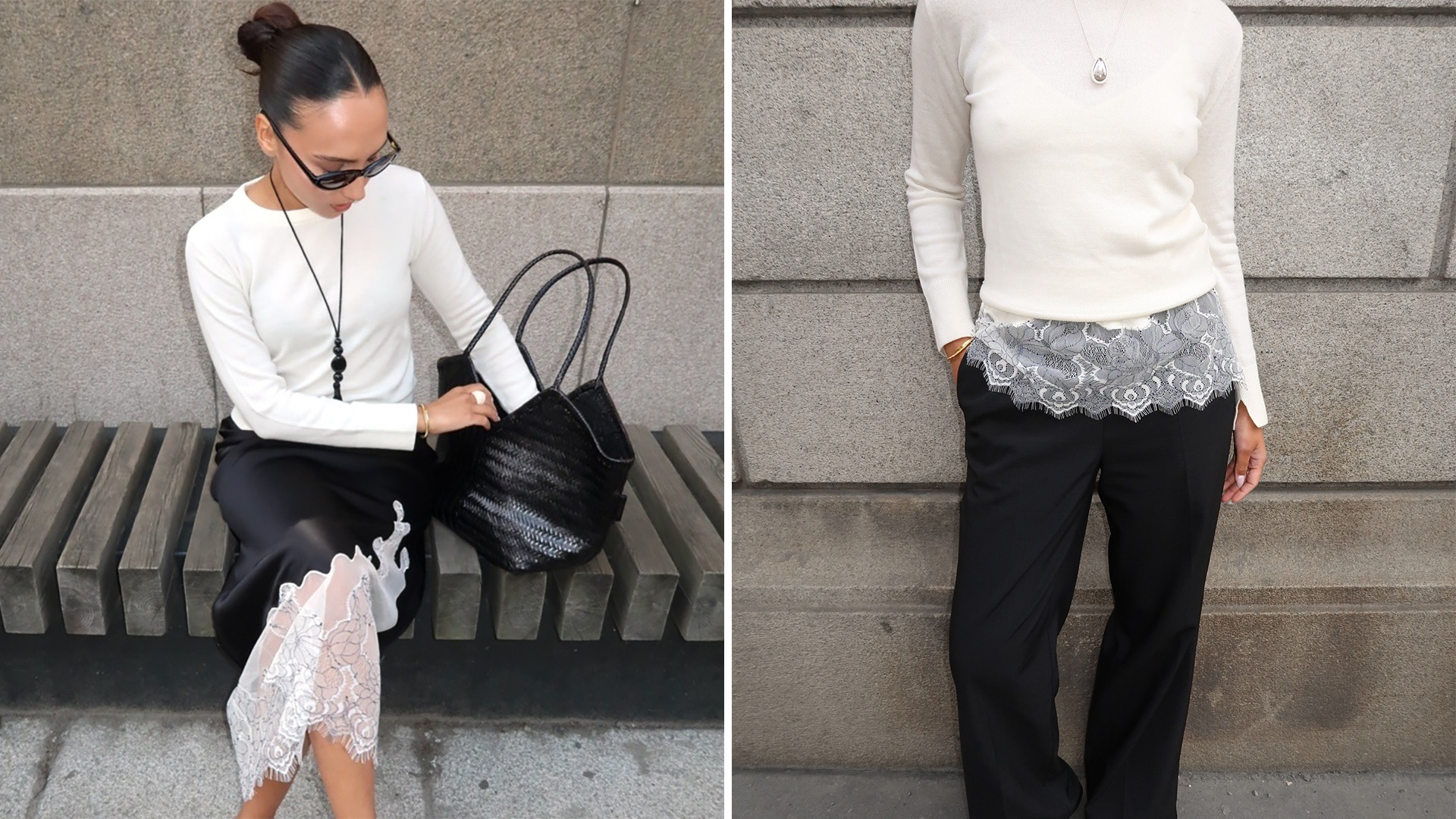 Style influencer Ingrid Fagerli Edvinsen poses in Olso, Norway wearing a white sweater, long black pendant necklace, a black woven bag, black slip skirt with contract white lace hem along side another look with a sweater layered over a lace hem top and black pants.