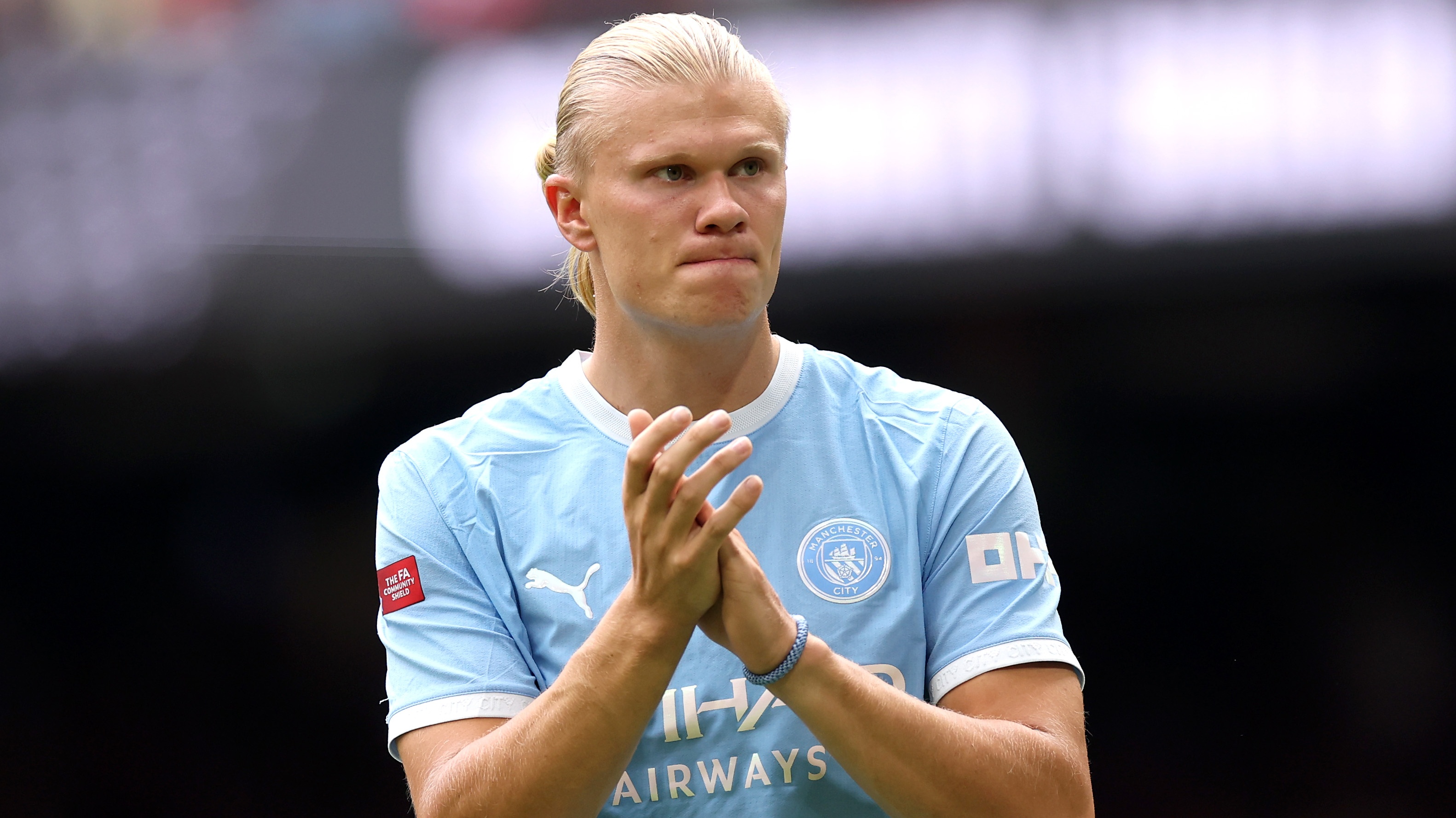 Erling Haaland of Manchester City applauds the fans after the 2026 FA Community Shield match between Arsenal and Manchester City at Principality Stadium on August 16, 2026 in Cardiff, Wales